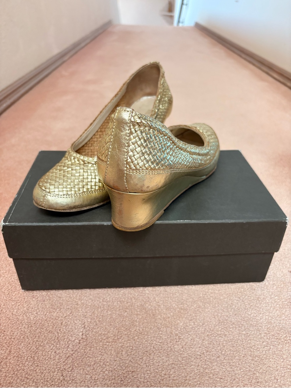 Bruno Magli Metallic Gold Woven Wedge Pumps